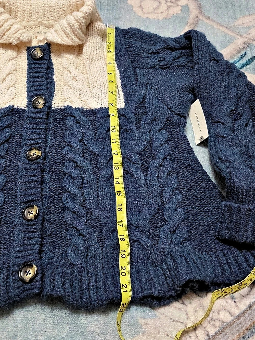 PILCRO Collared Cable-Knit Cardigan Sweater Blue & Cream XL - Picture 7 of 8